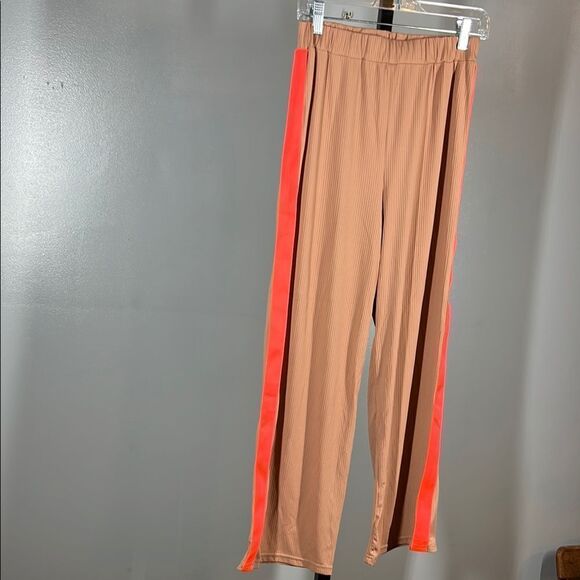 Vivi Stylish Tan Pants with Neon Pink Stripes - Picture 3 of 5